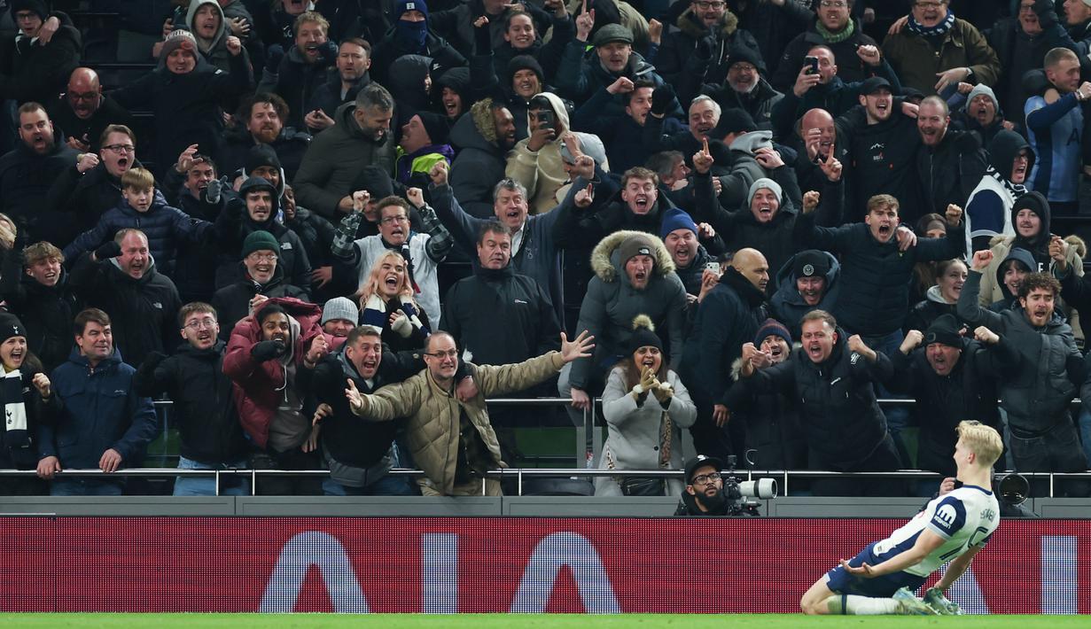 Gol tunggal kemenangan Spurs atas Liverpool dicetak Lucas Bergvall di akhir babak kedua. (AP Photo/Ian Walton)