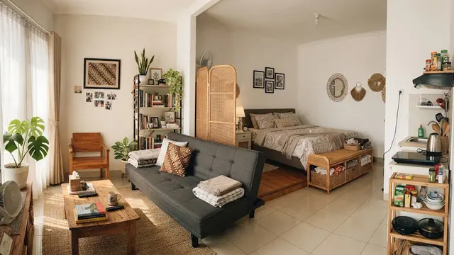 Ide menata ruang tamu yang menyatu dengan kamar tidur di rumah petak model gunakan prabot dengan dua fungsi