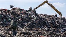Seorang pemulung mengumpulkan barang-barang bekas seperti plastik di Tempat Pembuangan Akhir (TPA) Cipeucang, Tangerang Selatan, Banten, pada 2 September 2025 (Kristianto Purnomo/AFP)