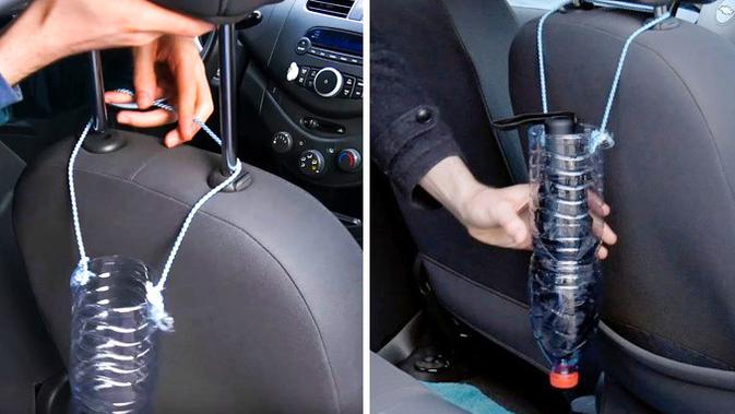 Botol plastik yang digunakan untuk tempat payung di dalam mobil (Sumber: YouTube/Cleverly)