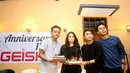 Grup band kenamaan tanah air, Geisha, tak terasa kini sudah memasuki usia yang ke-12 tahun. Momo, Aan, Dhan, dan Nard pun merayakan momen bahagia ini, meski harus dijalani tanpa kehadiran Roby. (Andy Masela/Bintang.com)
