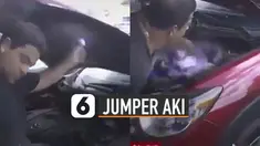 Ada-ada saja yang dilakukan seorang pria ini karena jumper aki mobil menggunakan tubuhnya.
