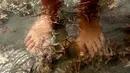 Seseorang bermain dengan bintang laut yang terdampar di Garden City Beach, South Carolina, Amerika Serikat, Senin (29/6/2020). Kehadiran ribuan bintang laut yang terdampar menyita perhatian warga serta wisatawan untuk mengembalikan mereka ke laut. (Jason Lee/The Sun News via AP)