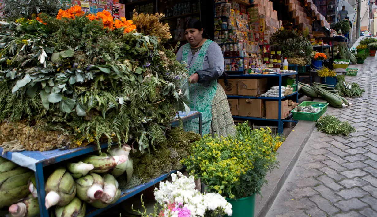 Seorang pedagang berdiri dekat ramuan obat dagangannya di Pasar Penyihir, kota tua La Paz, Bolivia, 10 Juli 2018. Pasar yang bernama Mercado de las Brujas ini menjual barang-barang aneh dan segala sesuatu yang berhubungan dengan sihir. (AP/Juan Karita)