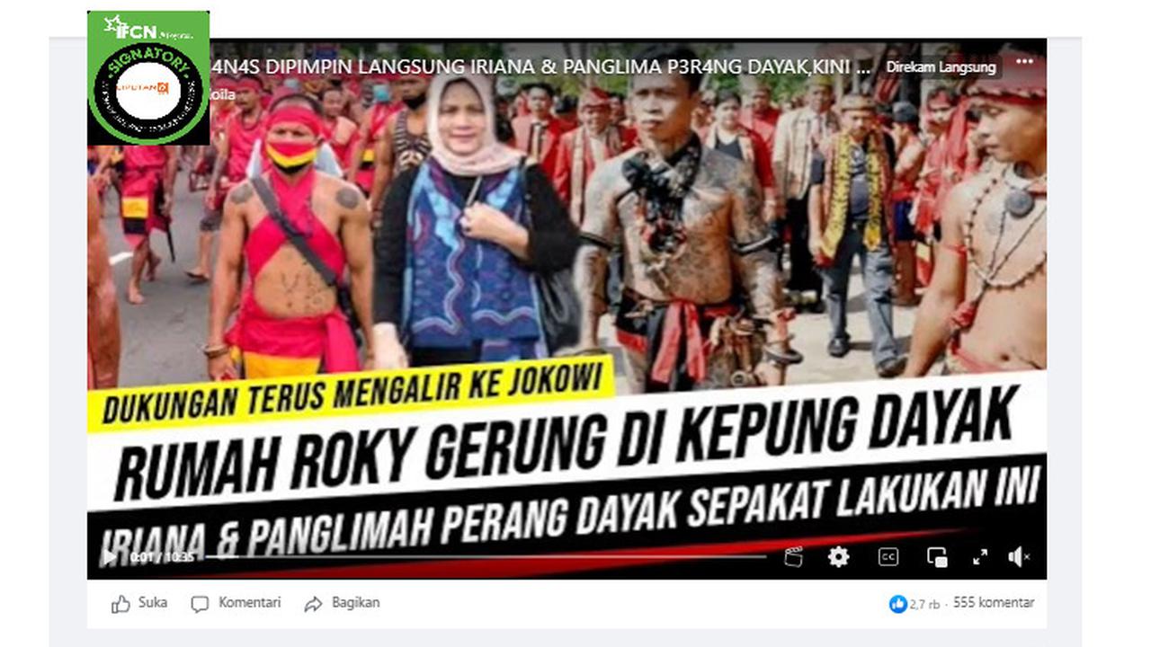 Tangkapan layar klaim video Iriana Jokowi dan panglima Dayak pimpin ribuan massa kepung rumah Rocky Gerung
