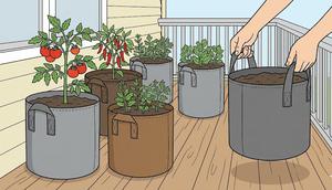 Sistem Grow Bags Ringan merupakan salah satu desain kebun sayur di rumah yang gampang dipindah-pindah (Gemini AI)