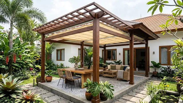 Inspirasi Teras Belakang dengan Atap Pergola dan Penutup Hujan yang Dapat Dibuka
