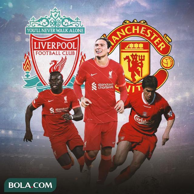 Ilustrasi - Sadio Mane, Darwin Nunez, Harry Kewell dengan Logo Liverpool dan Manchester United