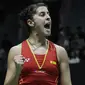 Tunggal putri Spanyol, Carolina Marin, merayakan kemenangan atas tunggal Korsel pada Indonesia Masters 2019 di Istora Senayan, Jakarta, Kamis (24/1). Marin lolos ke perempat final. (Bola.com/M. Iqbal Ichsan)