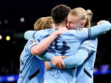 Manchester City sukses mengalahkan Club Brugge dengan skor 3-1 dalam laga matchday 8 League Phase Liga Champions 2024/2025 yang digelar di Etihad Stadium, Kamis (30/1/2025) dini hari WIB. (Mike Egerton/PA via AP)