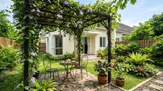 Ide Halaman Belakang cantik dengan Pergola dan Taman Mini (AI Generated)