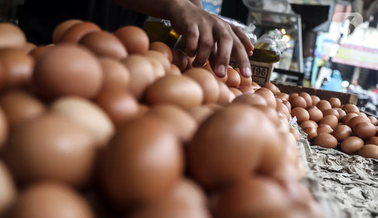 Penjual merapikan telur ayam di toko kawasan Cirendeu, Jakarta Selatan, Selasa (7/6/2022). Berdasarkan harga rata-rata nasional PIHPS, harga telur ayam naik Rp 200 menjadi Rp 28.750 per kg. (Liputan6.com/Johan Tallo)