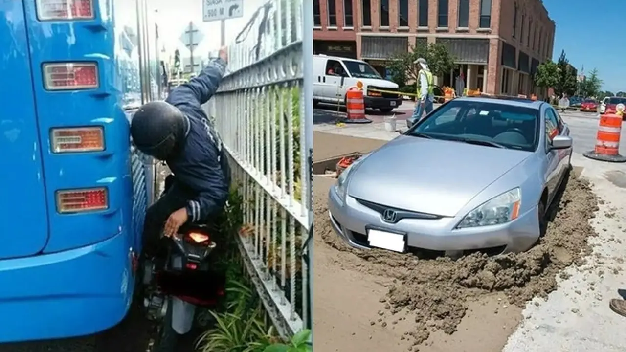 8 Momen Apes Kendaraan Terjebak di Jalan Sempit Hingga Dicor Semen Ini Kocak