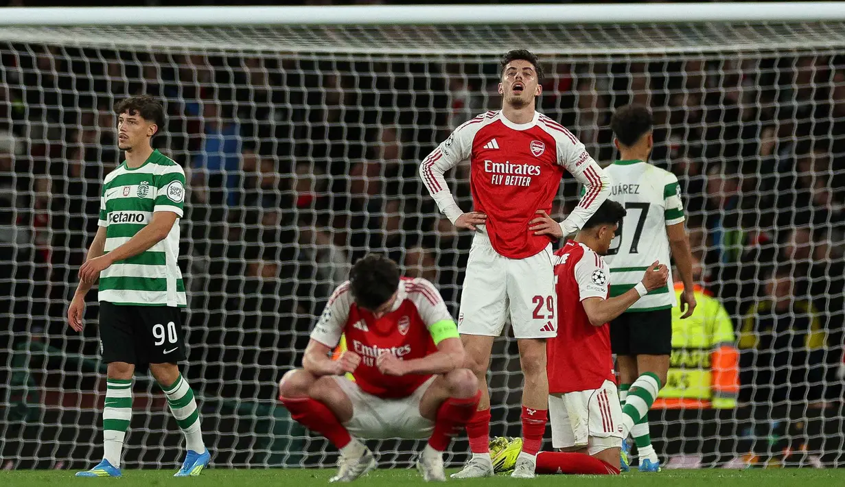 Hasil ini sekaligus memastikan Arsenal kembali menembus empat besar untuk dua musim berturut-turut. Tampak dalam foto, ekspresi gelandang Arsenal asal Jerman bernomor punggung 29, Kai Havertz, setelah pertandingan leg kedua perempat final Liga Champions 2025/2026 melawan Sporting CP di Stadion Emirates, London Utara pada Rabu 15 April 2026 waktu setempat atau Kamis (16/4/2026) dini hari WIB. (Adrian Dennis/AFP)