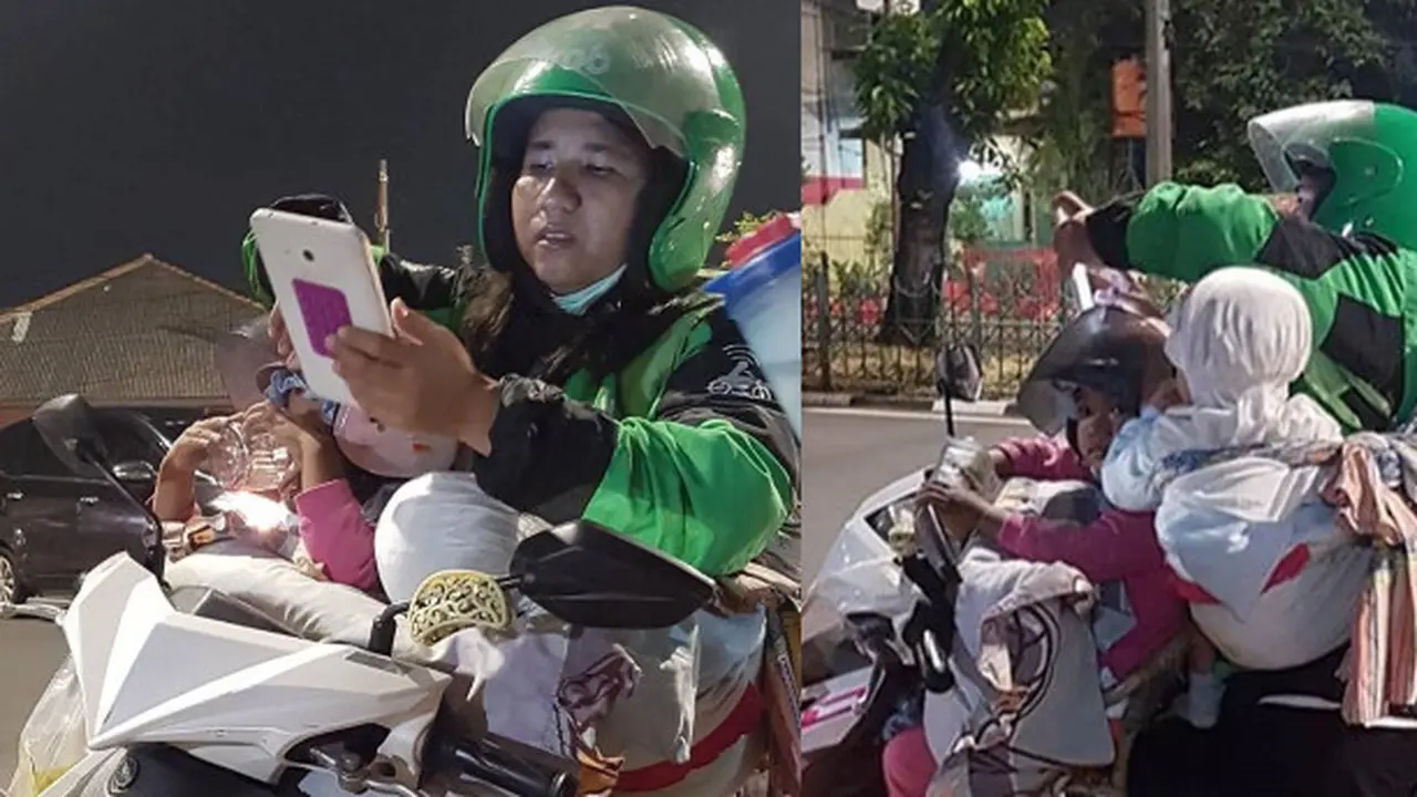 Kisah Pilu, Ibu-Ibu Driver Ojol Bawa Dua Anaknya Saat Bekerja