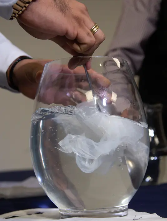 Insinyur Chile, Roberto Astete dan Christian Olivares menunjukkan tas plastik karya mereka bisa larut dalam air di Santiago, Selasa (24/7). Tas inovatif itu bisa menjadi pengganti plastik-plastik yang selama ini mencemari lingkungan. (AFP/CLAUDIO REYES)