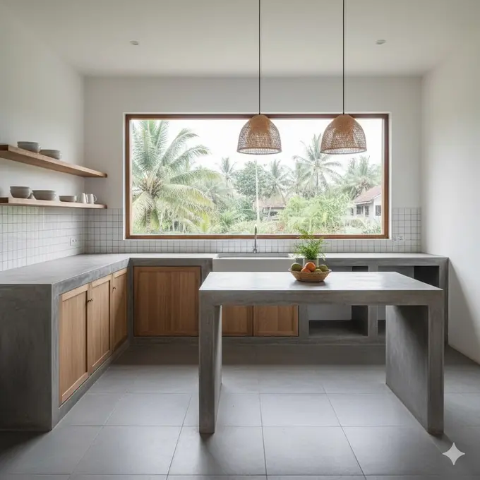 Dapur dengan Meja Beton Ekspos (Semen Cor)