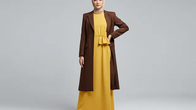 Gamis Ruffle Pinggang dengan Blazer Panjang Struktur Tegas