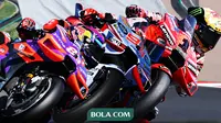 MotoGP - Ilustrasi Francesco Bagnaia, Marc Marquez, Jorge Martin dan Bendera Indonesia (Bola.com/Adreanus Titus)