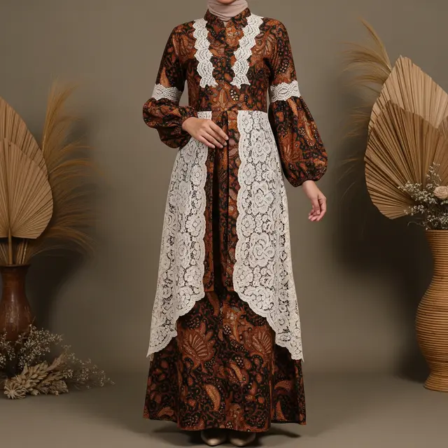 9 Gamis Batik Kombinasi Brokat Lengan Panjang Elegan, Tren Busana Muslimah 2025