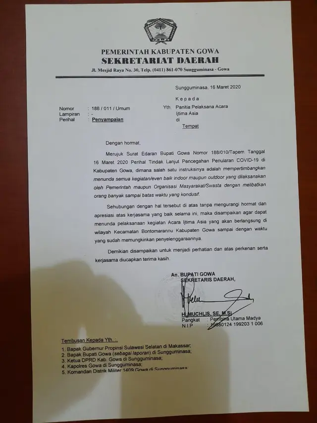 Surat Pemkab Gowa kepada Panitia Ijtima Dunia 2020 Zona Asia perihal anjuran penundaan acara. (Foto: Liputan6.com/Fauzan)