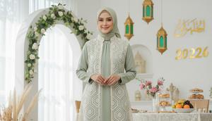 Gamis Rompi Lepas Kerah Sanghai merupakan salah satu model gamis rompi lepas kombinasi brokat tren lebaran 2026 (Gemini AI)