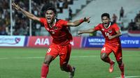 Pemain Timnas Indonesia U-22 Muhammad Ramadhan Sananta berselebrasi&nbsp;setelah mencetak gol pada pertandingan final sepak bola putra melawan Thailand pada&nbsp;SEA Games 2023 di Phnom Penh, Kamboja, Selasa (16/5/2023).&nbsp;(MOHD RASFAN / AFP)