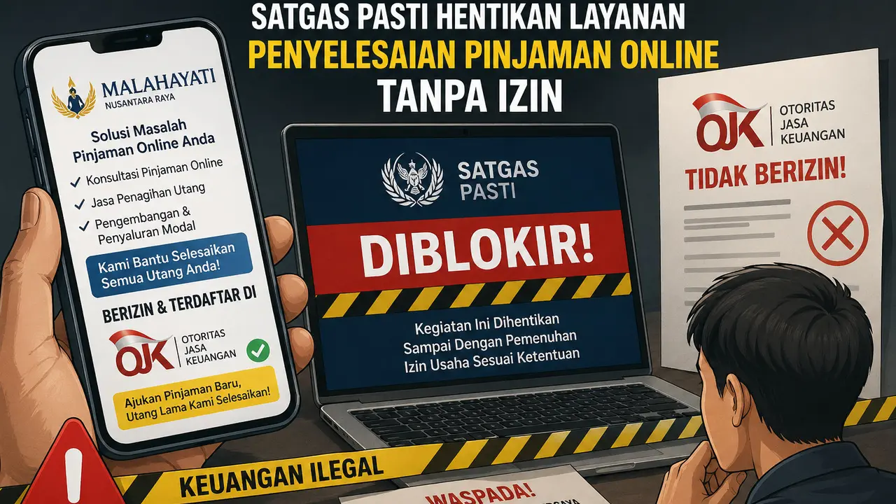 Satgas PASTI menindak layanan penyelesaian pinjaman online ilegal yang klaim berizin OJK. (Ilustrasi by AI)
