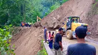 Petugas dari Badan Penanggulangan Bencana Daerah (BPBD) Lumajang bersama TNI dan Polri langsung berupaya membersihkan material longsor
