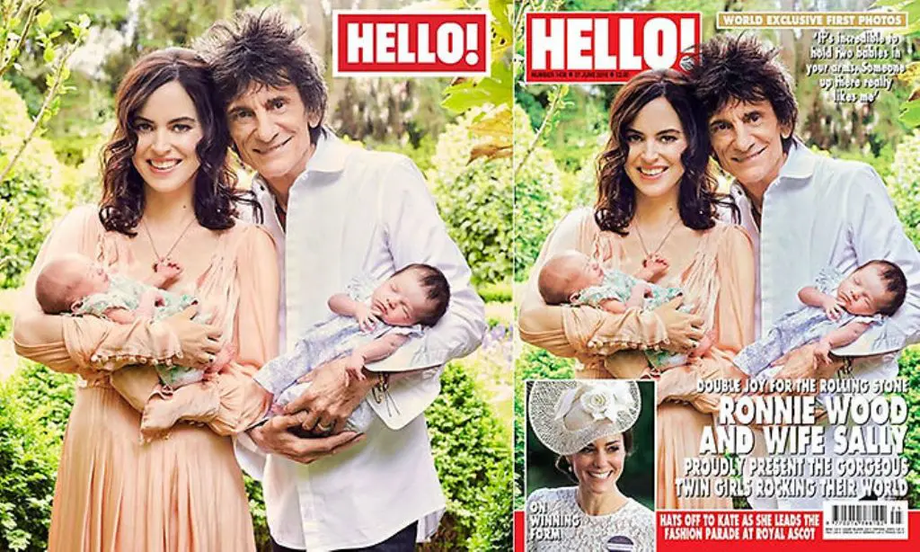 Ronnie Wood dan istri, Sally mempublikasikan bayi kembar mereka untuk pertama kali. (sumber: HELLO! Magazine)