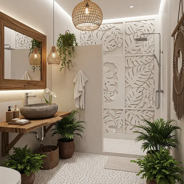 Desain Kamar Mandi Kecil Lebar 1 Meter dengan Roster dan Batu Alam (Image by Gemini AI)