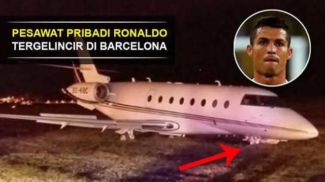 Video pesawat pribadi pemain andalan Real Madrid, Cristiano Ronaldo, tergelincir saat mendarat di Barcelona, Spanyol.
