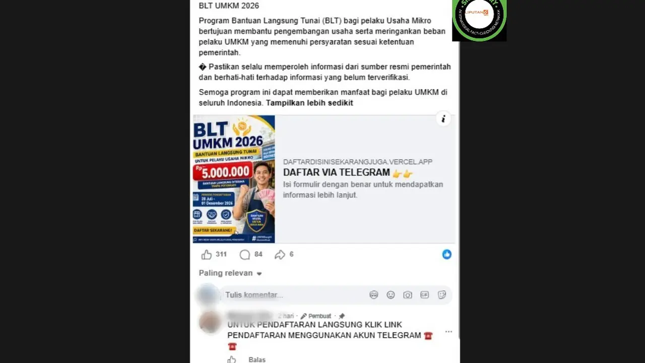 Cek Fakta Liputan6.com mendapati klaim link pendaftaran untuk mendapatkan BLT UMKM 2026 via Telegram
