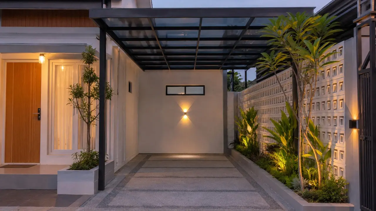 Model Carport Samping Rumah Type 45 dengan Roster dan Taman Kecil