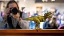 Ini adalah pertama kalinya di Eropa dan ketiga kalinya di seluruh dunia seluruh kerangka T-Rex dengan kualitas luar biasa ditawarkan di lelang. (Photo by Fabrice COFFRINI / AFP)