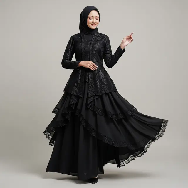 Model Gamis Kombinasi Brokat Hitam