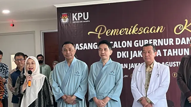 Pasangan bakal calon gubernur dan wakil gubernur Jakarta jalur independen Dharma Pongrekun dan Kun Wardana menjalani tes kesehatan di RSUD Tarakan, Jakarta pada Minggu (1/9/2024).