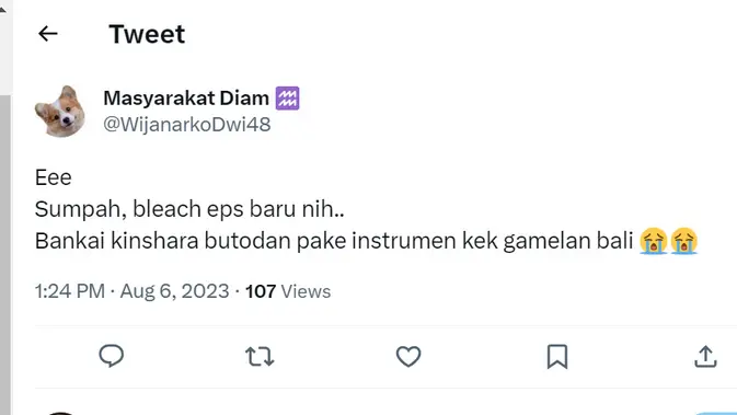 <p>Reaksi netizen Indo di Twitter mendengar suara gamelan di Bleach.</p>