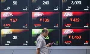 Seorang pria melihat ponselnya di depan layar yang menampilkan Indeks Harga Saham Gabungan (IHSG), yang anjlok signifikan selama pembukaan pasar, di gedung Bursa Efek Indonesia di Jakarta pada Rabu 13 Mei 2026. (BAY ISMOYO/AFP)