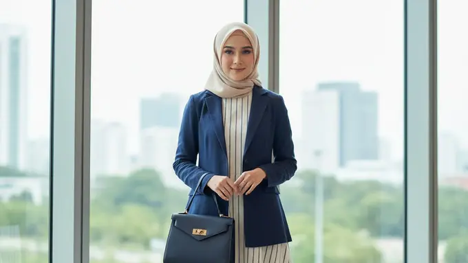 Gamis Linen Motif Garis dengan Blazer Solid (Gemini AI)