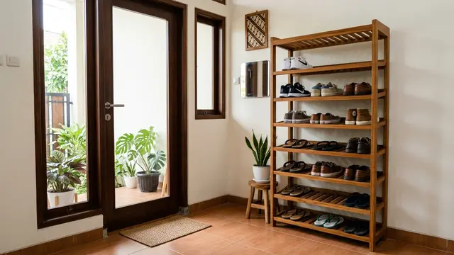 Model Rak Sepatu Berventilasi di Area Pintu Masuk Rumah (AI Generated)