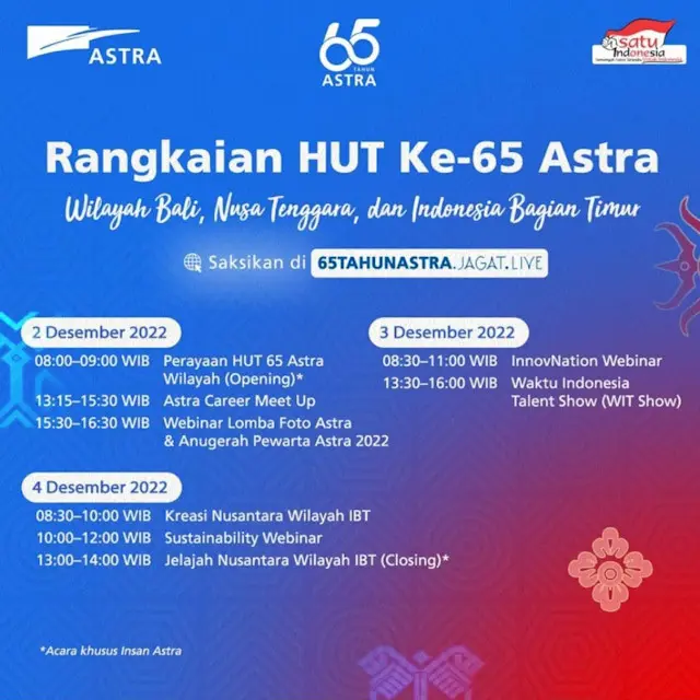 Rangkaian HUT Astra ke-65 di Desember 2022