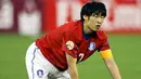 Ekspresi kapten Korsel Park Ji-Sung di laga semifinal Piala Asia 2011 melawan Jepang di Al-Gharafa Stadium, Doha, 25 Januari 2011. Korsel kalah 0-3 lewat adu penalti. AFP PHOTO / KARIM JAAFAR 