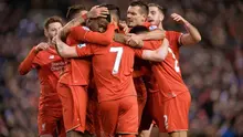 Para pemain Liverpool merayakan gol ke gawang Manchester City pada laga Premier League di Anfield, Liverpool, Kamis (3/3/2016) dini hari WIB. (AFP/Paul Ellis)