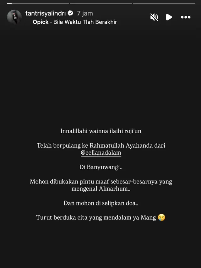 Unggahan Tantri Kotak soal ayah Cella Kotak meninggal dunia. (Foto: Dok. Instagram @tantrisyalindri)