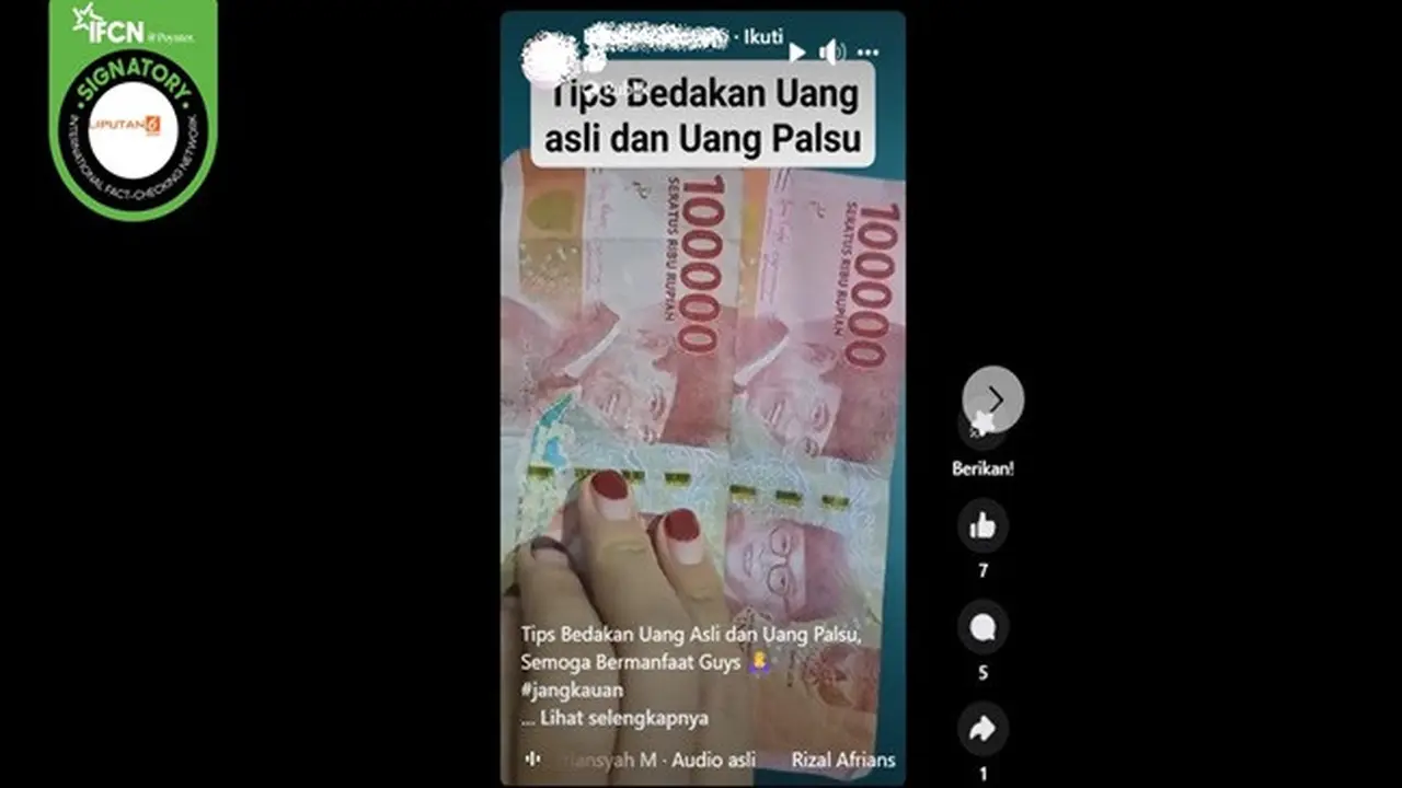 Gambar tangkapan layar video yang klaim tentang mengelupas dapat mendeteksi uang palsu. (sumber: Facebook)