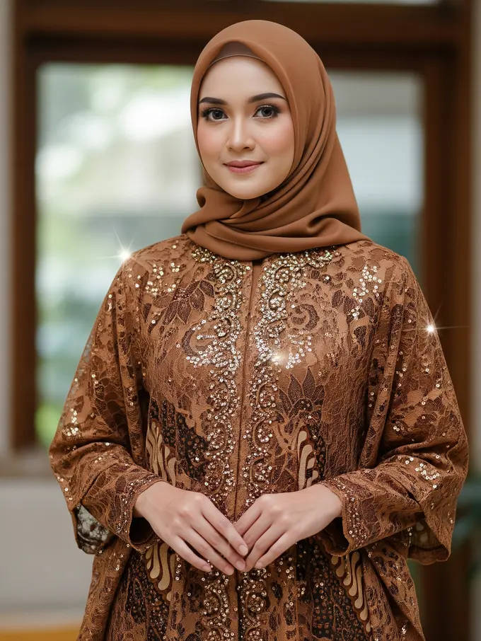 Model Gamis Batik Brokat Warna Bronze Terbaru untuk Ramadan 2026 (Image by Gemini AI)