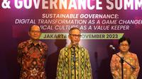 Ketua Dewan Komisioner Otoritas Jasa Keuangan (OJK), Mahendra Siregar dalam acara Risk and Governance Summit 2023, di Jakarta, Kamis (30/11/2023). (Tira/Liputan6.com)