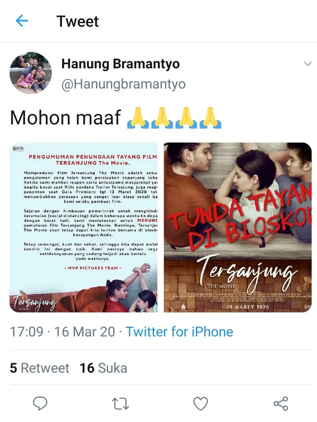 Unggahan Hanung Bramantyo. (Foto: Twitter @Hanungbramantyo)