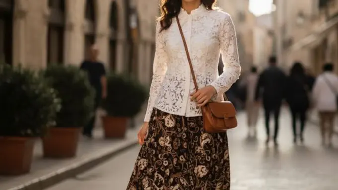 Kombinasi warna atasan brokat dan bawahan batik (Gambar oleh Gemini AI).